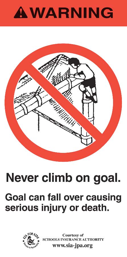 Warning! Child climbing on soccer goal graphic with universal Do not symbol covering. Never climb on goal. Goal can fall over causing serious injury or death. SIA for Kids logo
