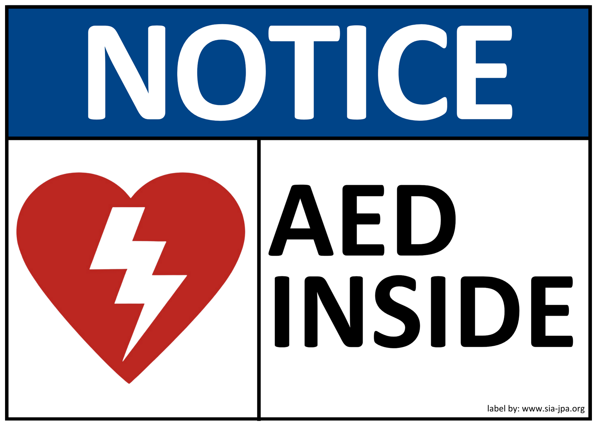  NOTICE AED Inside text with large heart shape symbol containing lightning bolt graphic. SIA for Kids logo