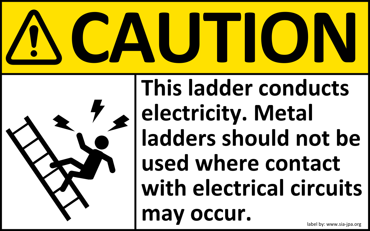 Caution! This ladder conducts electricity. Metal ladders should not be used where contact with electrical circuits may occur.